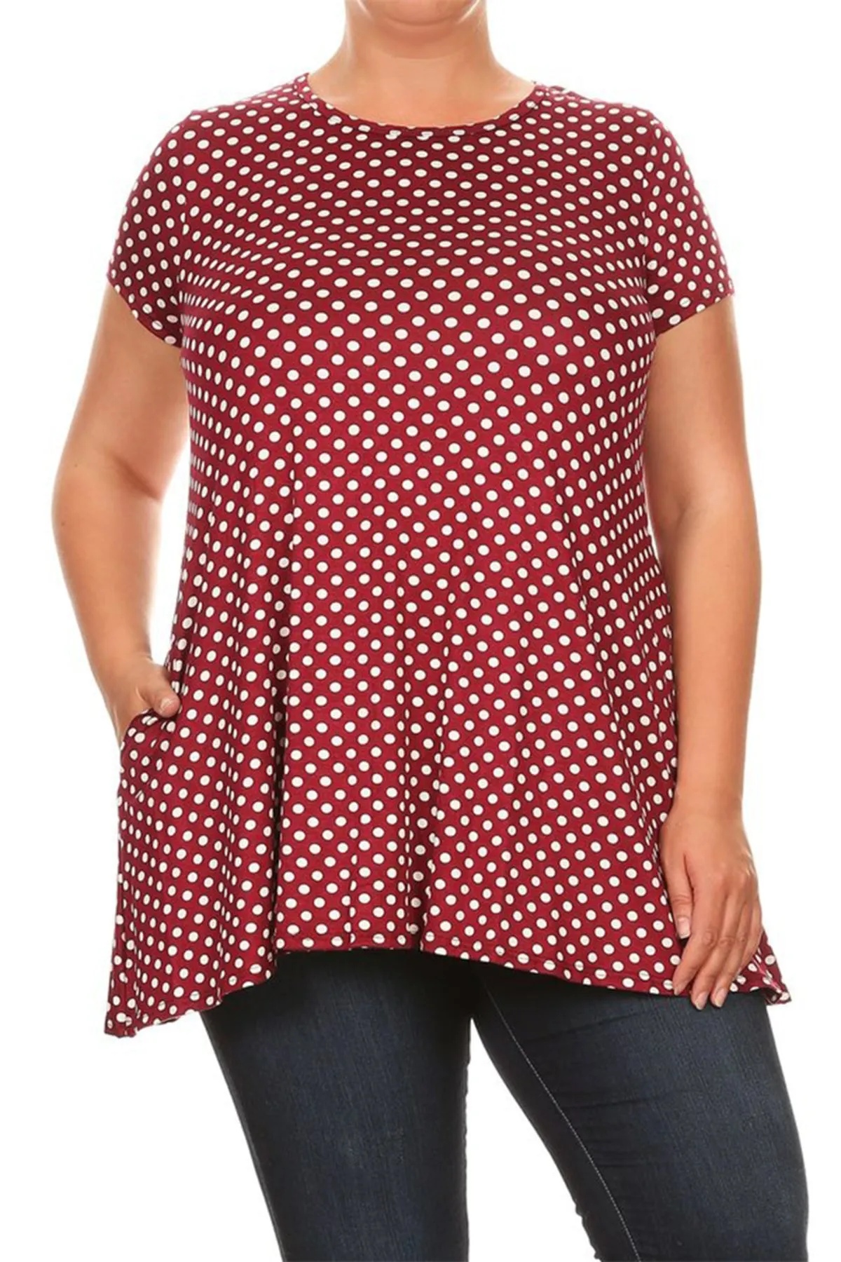Women's Plus Size Side Pockets Polka Dot Short Sleeves Relaxed Tunic Top