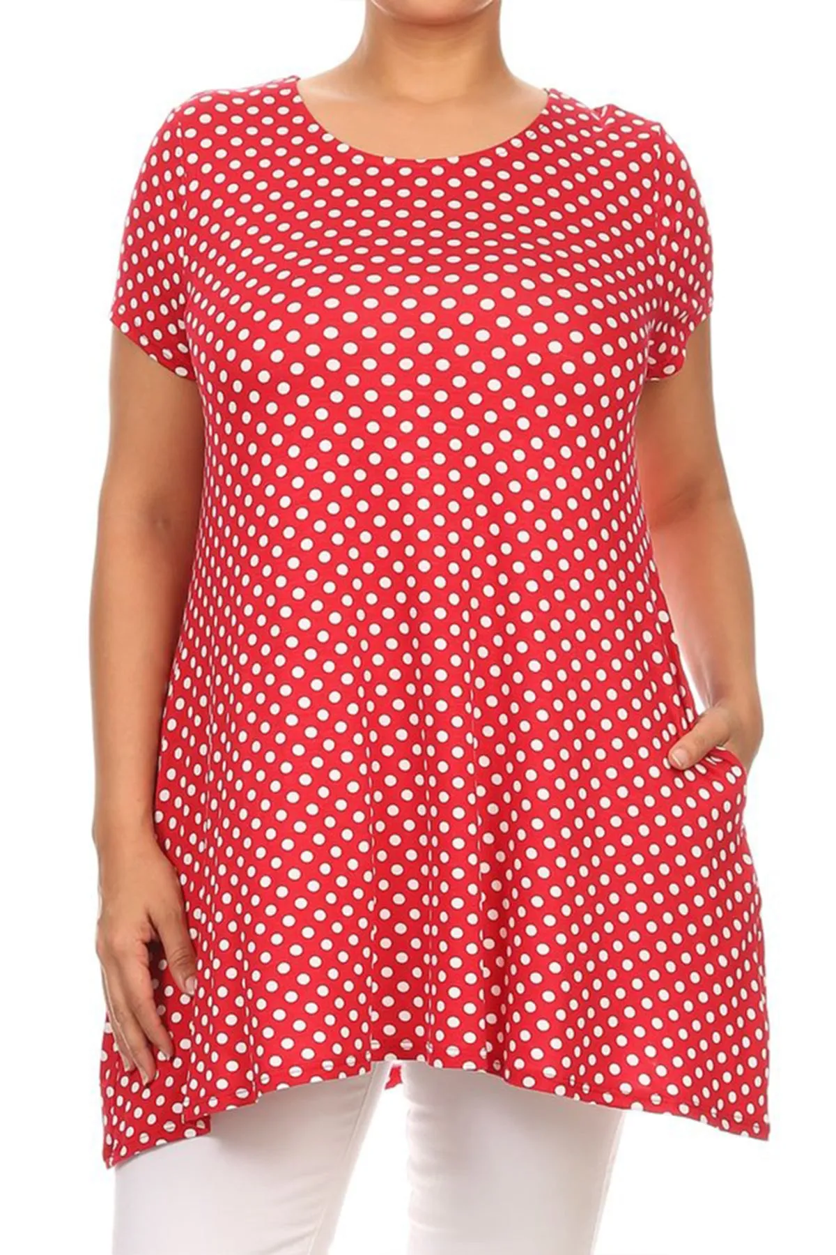 Women's Plus Size Side Pockets Polka Dot Short Sleeves Relaxed Tunic Top