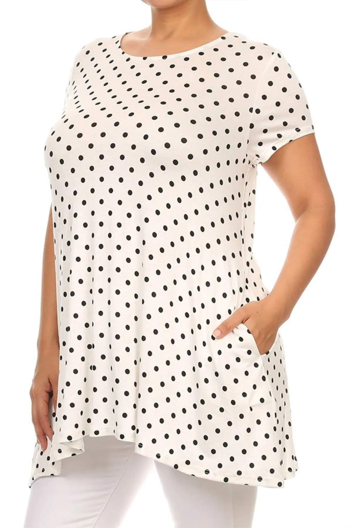 Women's Plus Size Side Pockets Polka Dot Short Sleeves Relaxed Tunic Top