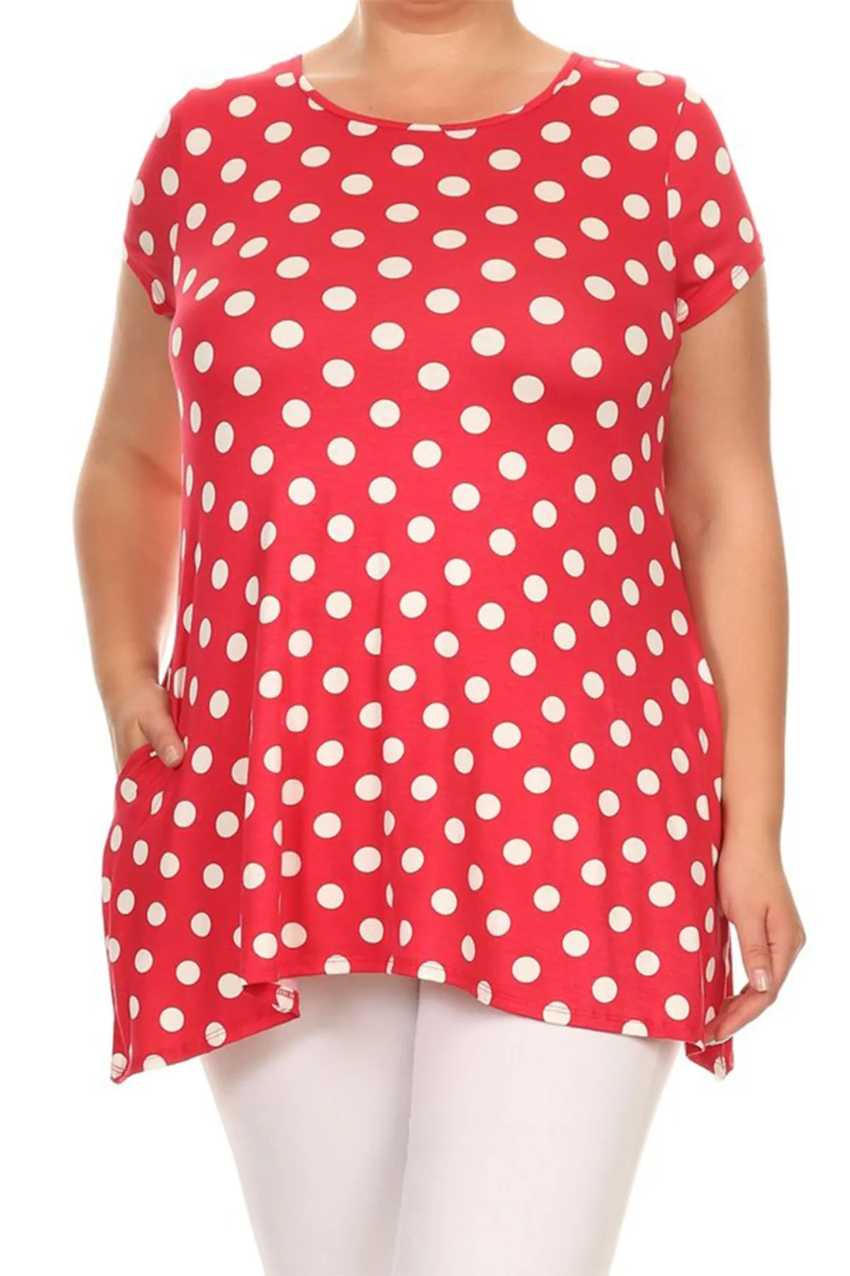 Women's Plus Size Side Pockets Polka Dot Short Sleeves Relaxed Tunic Top