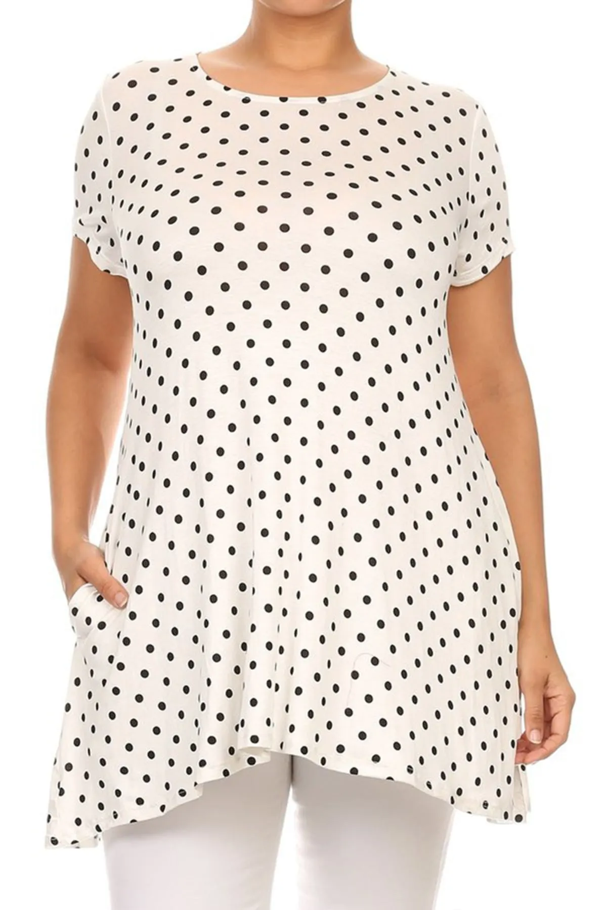 Women's Plus Size Side Pockets Polka Dot Short Sleeves Relaxed Tunic Top
