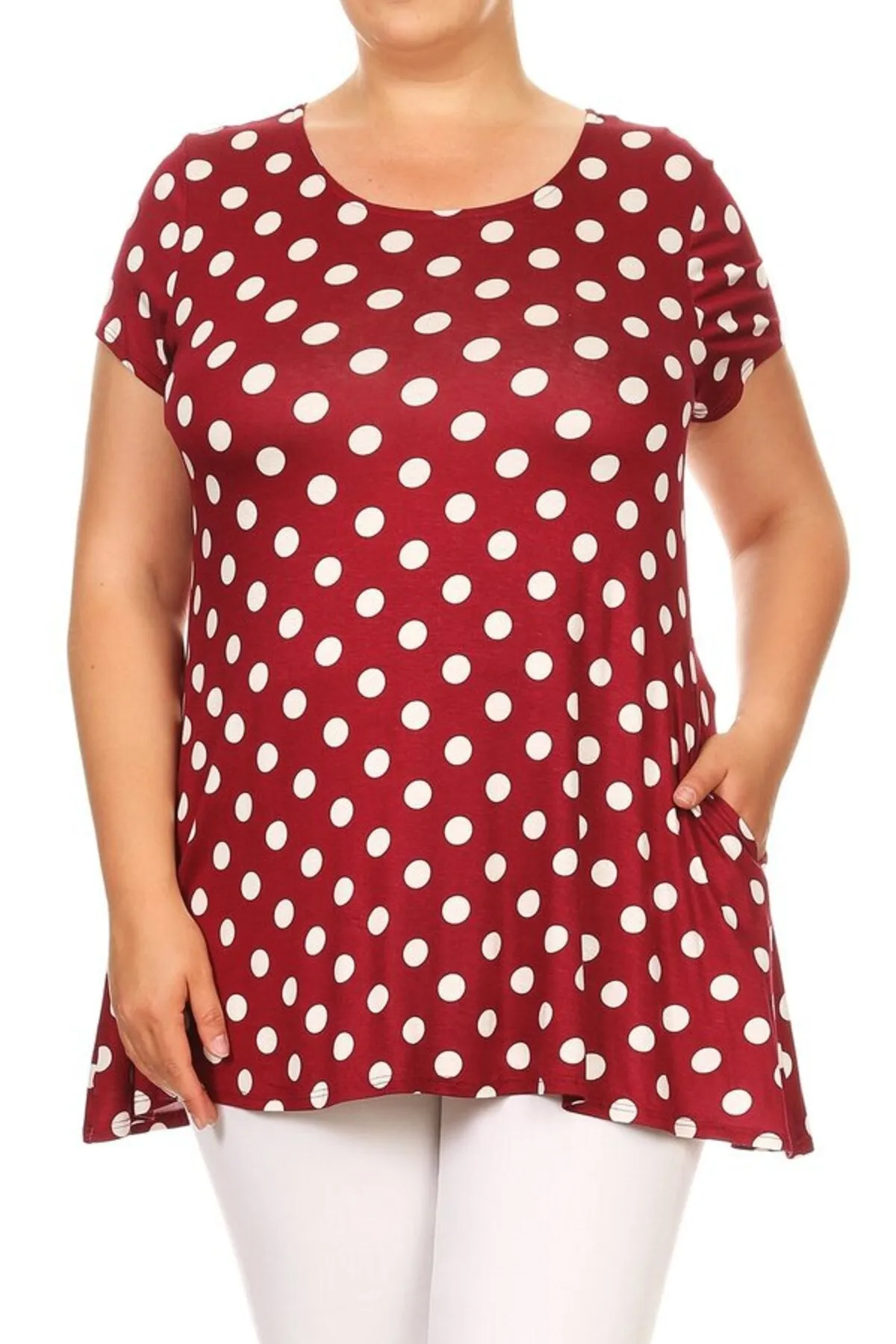 Women's Plus Size Side Pockets Polka Dot Short Sleeves Relaxed Tunic Top