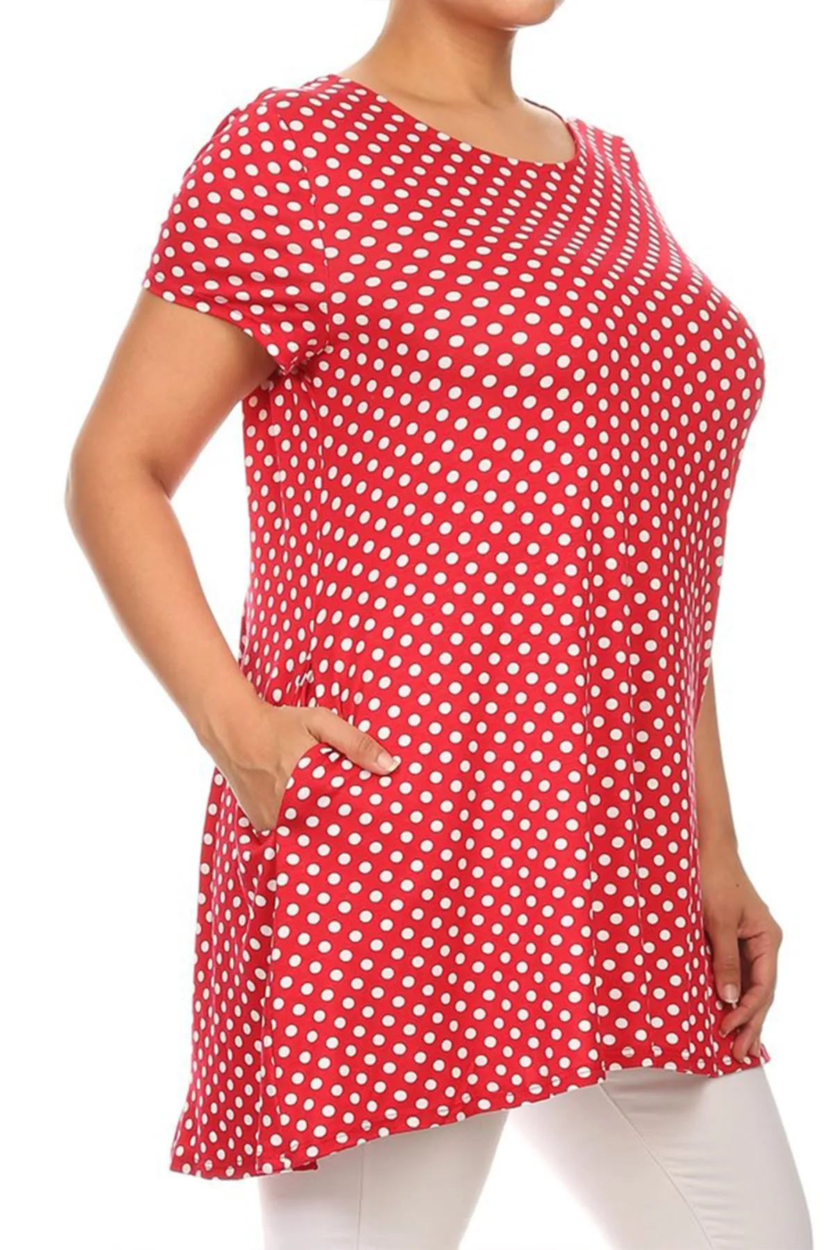 Women's Plus Size Side Pockets Polka Dot Short Sleeves Relaxed Tunic Top