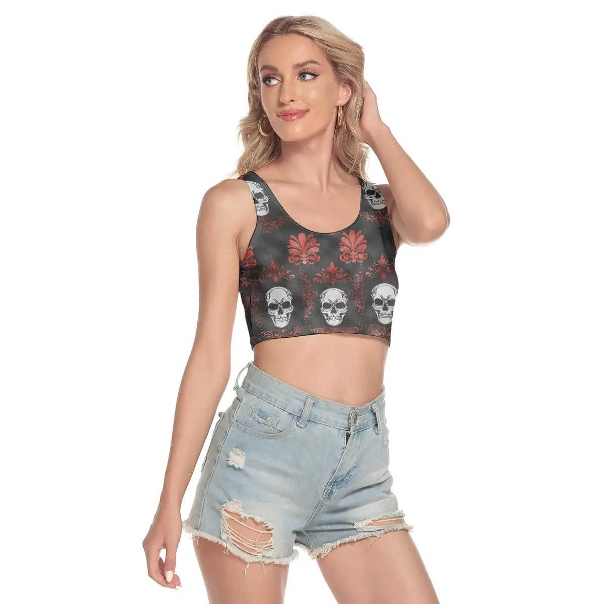 Women's Red Flowers & Skulls Sport Crop Tank Top