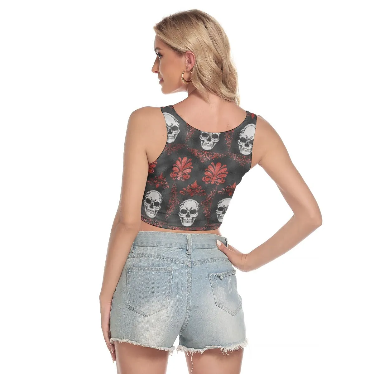 Women's Red Flowers & Skulls Sport Crop Tank Top