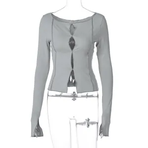 Y2K Cropped Stitch Tee with Long Sleeves and O-Neck