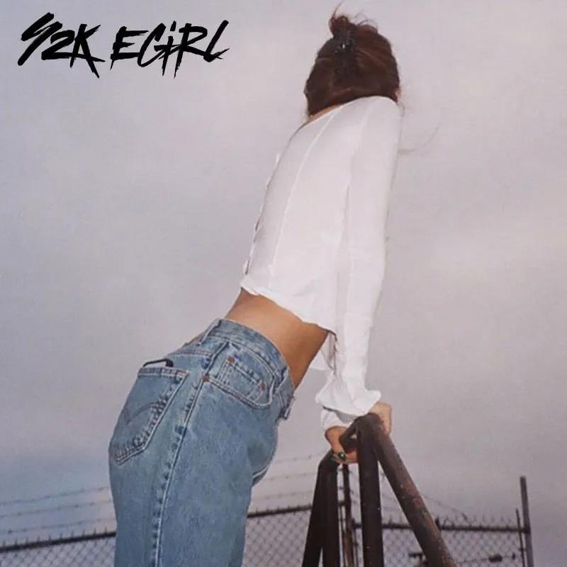 Y2K Cropped Stitch Tee with Long Sleeves and O-Neck