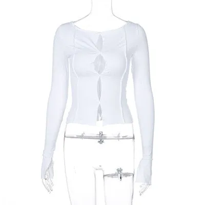 Y2K Cropped Stitch Tee with Long Sleeves and O-Neck