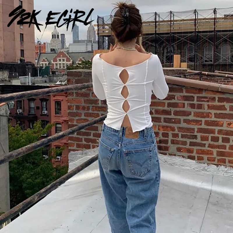 Y2K Cropped Stitch Tee with Long Sleeves and O-Neck