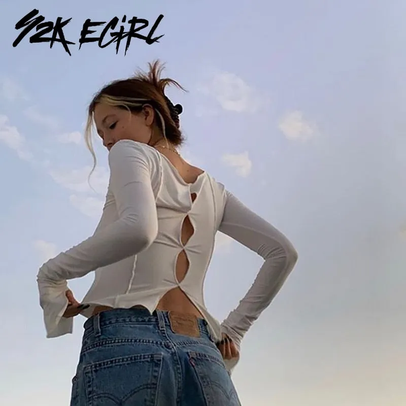 Y2K Cropped Stitch Tee with Long Sleeves and O-Neck
