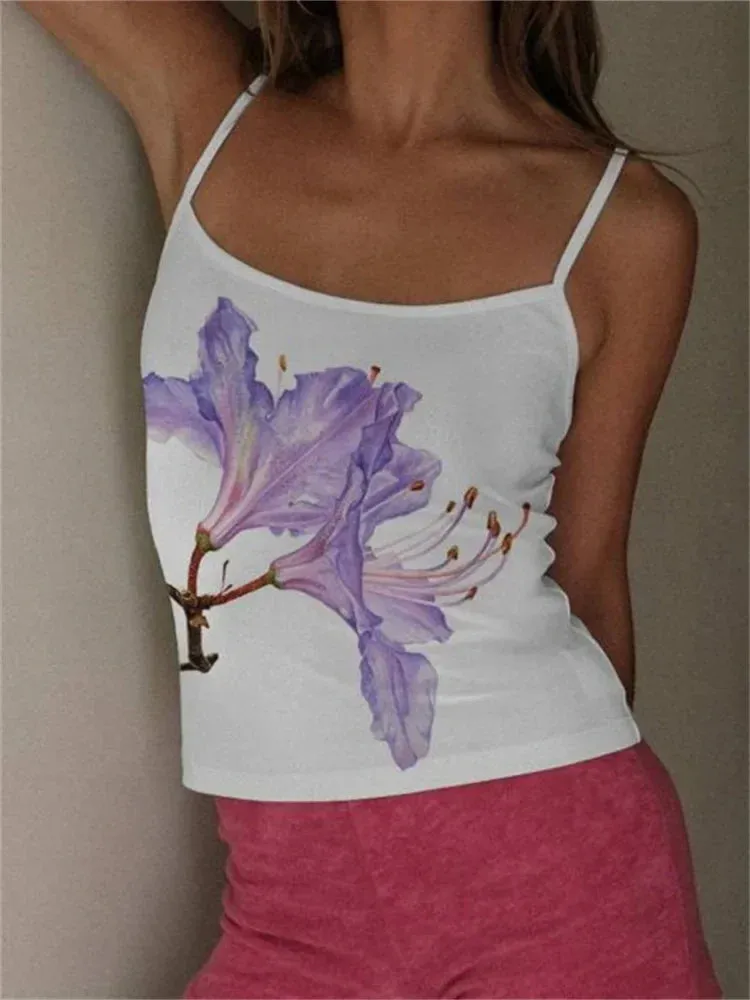 Y2K Flower Print Slim Strap Tank Crop Top