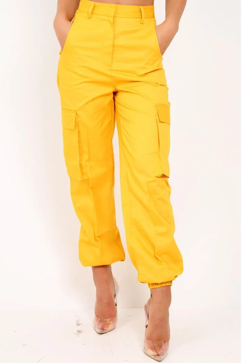 Yellow Pocket High Waist Cargo Cuffed Trousers - Galya