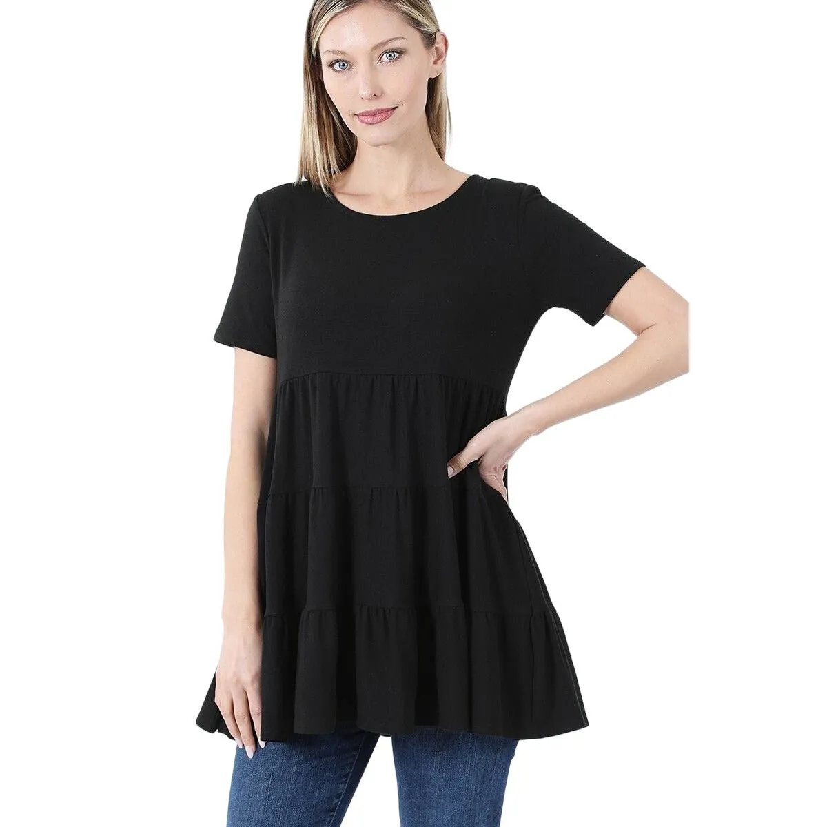 Zenana White Short Sleeve Tiered Ruffle Tunic RT3136