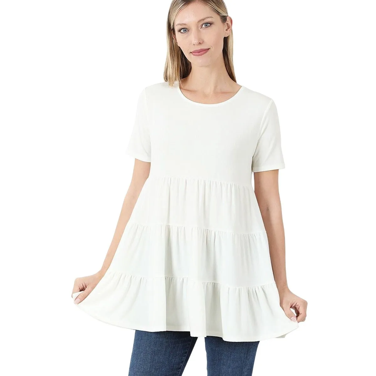 Zenana White Short Sleeve Tiered Ruffle Tunic RT3136