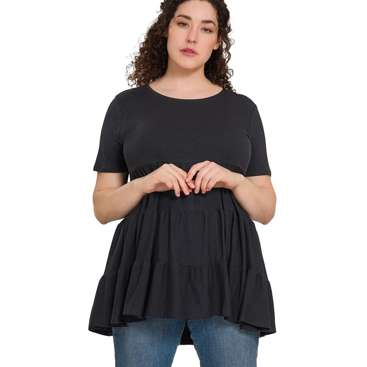 Zenana White Short Sleeve Tiered Ruffle Tunic RT3136